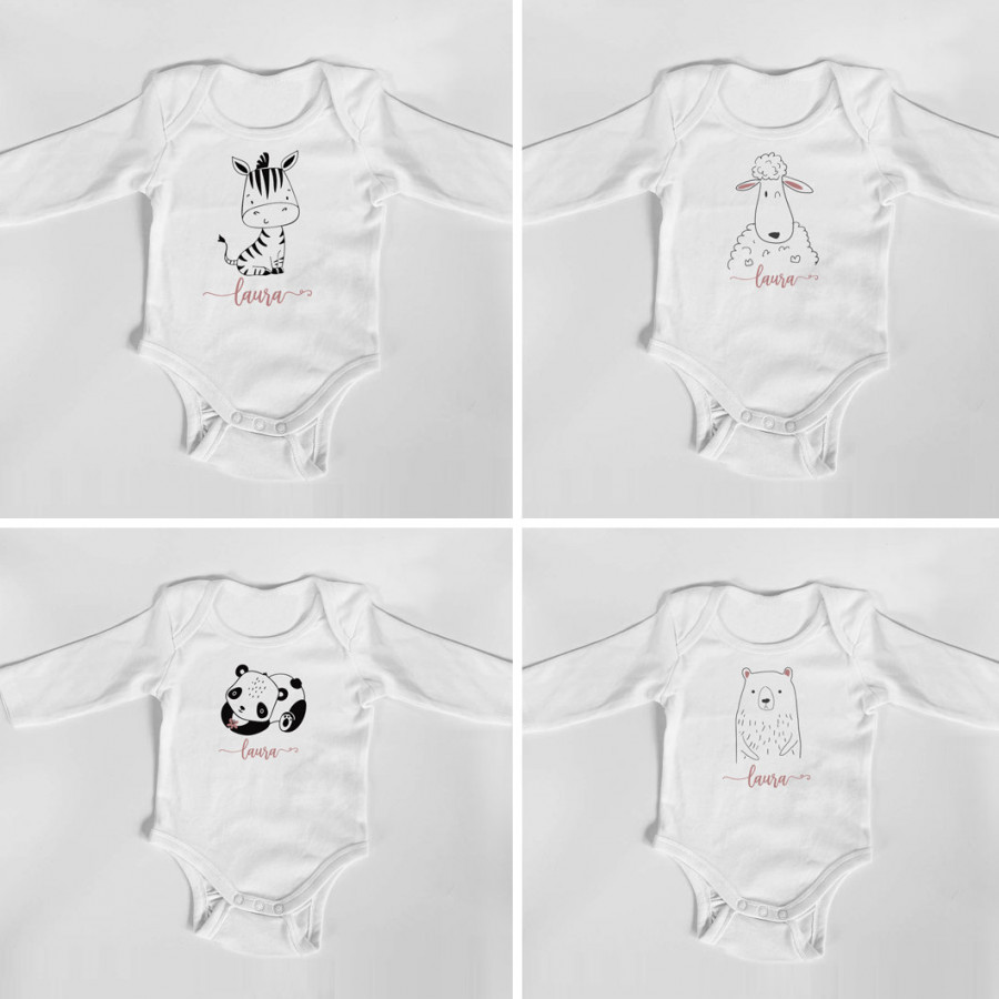 Personalisierter Body mit langen Armen, Gr. 62, 100% Baumwolle, Organic Cotton, Geschenk, Geschenkidee zur Geburt, Zebra, Schaf, Panda, Bär