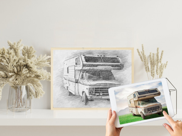 Camper Bleistiftzeichnung  | Bleistiftskizze vom Foto | Digitale Skizze | Individuelle Zeichnung | Bulli | Wohnmobil | Wohnwagen | Camping – Bild 3