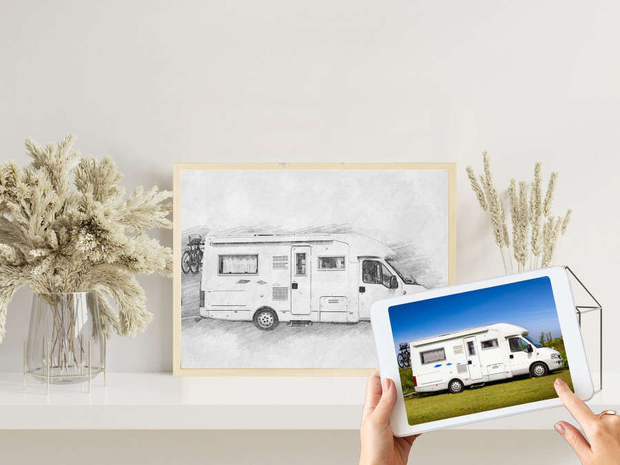 Camper Bleistiftzeichnung | Bleistiftskizze vom Foto | Digitale Skizze | Individuelle Zeichnung | Bulli | Wohnmobil | Wohnwagen | Camping