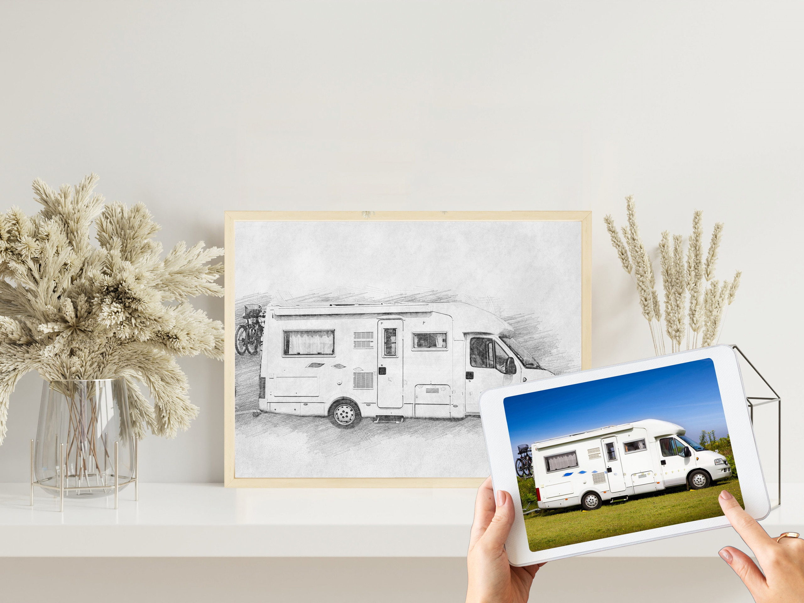 Camper Bleistiftzeichnung  | Bleistiftskizze vom Foto | Digitale Skizze | Individuelle Zeichnung | Bulli | Wohnmobil | Wohnwagen | Camping – Bild 4