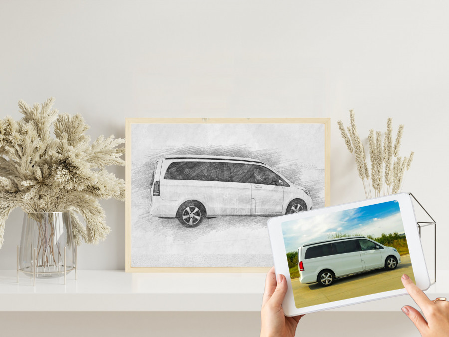Camper Bleistiftzeichnung | Bleistiftskizze vom Foto | Digitale Skizze | Individuelle Zeichnung | Bulli | Wohnmobil | Wohnwagen | Camping