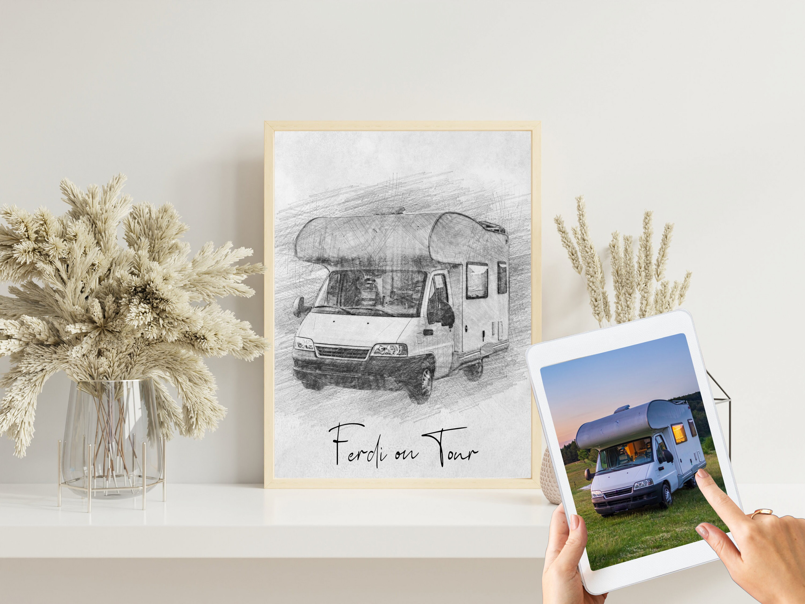 Camper Bleistiftzeichnung  | Bleistiftskizze vom Foto | Digitale Skizze | Individuelle Zeichnung | Bulli | Wohnmobil | Wohnwagen | Camping – Bild 2