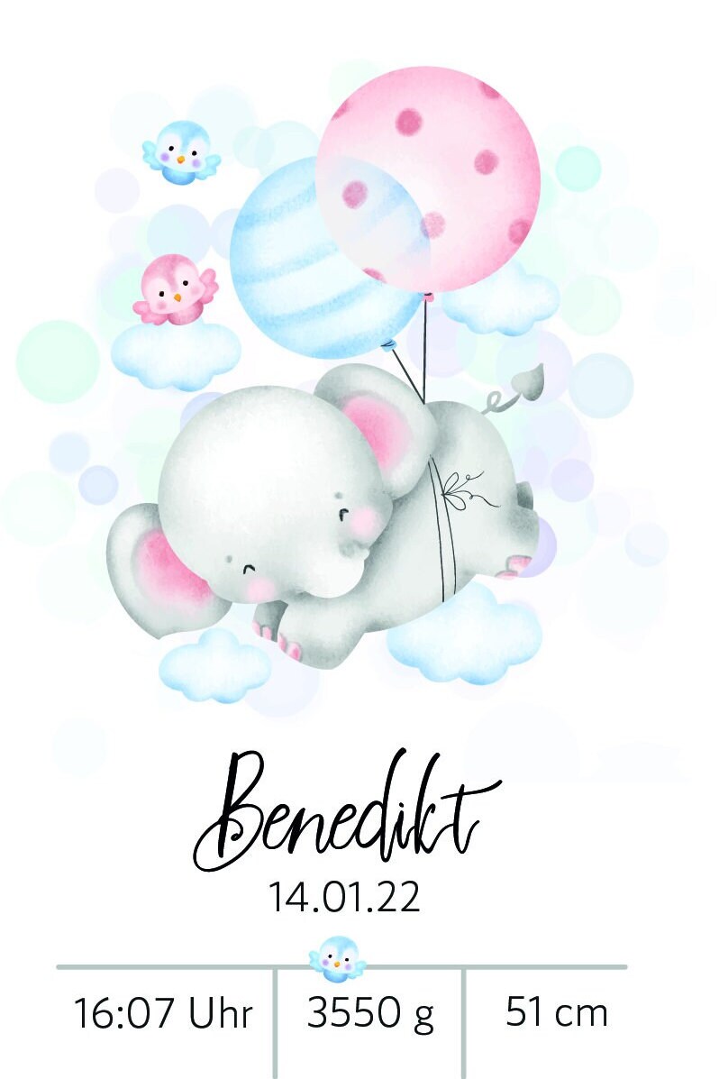 Personalisiertes Poster | Geburtsdaten | Geburt | Elefant | Geschenk | Baby | Junge | Mädchen | Plakat