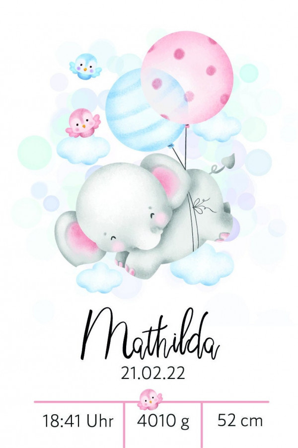 Personalisiertes Poster | Geburtsdaten | Geburt | Elefant | Geschenk | Baby | Junge | Mädchen | Plakat – Bild 4