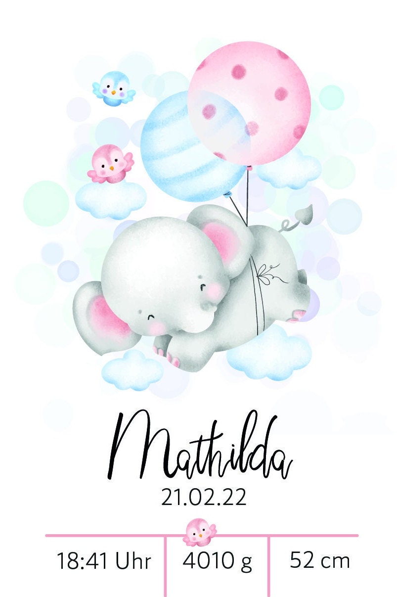 Personalisiertes Poster | Geburtsdaten | Geburt | Elefant | Geschenk | Baby | Junge | Mädchen | Plakat