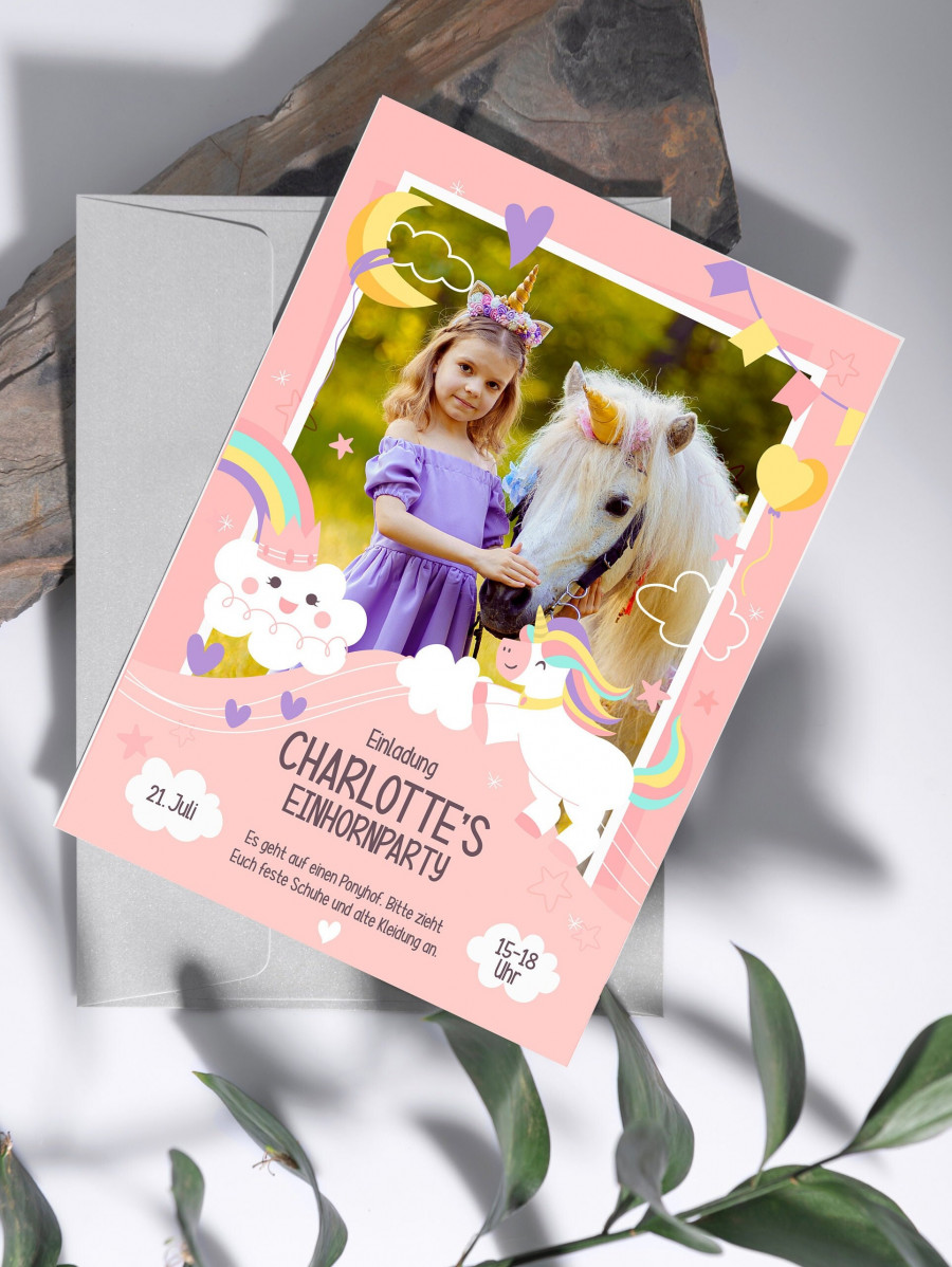 Digitale Einladung mit Foto zum Geburtstag - Karte - Whats App, EMail oder zum ausdrucken - Einhornparty - Einladungskarte - Personalisiert