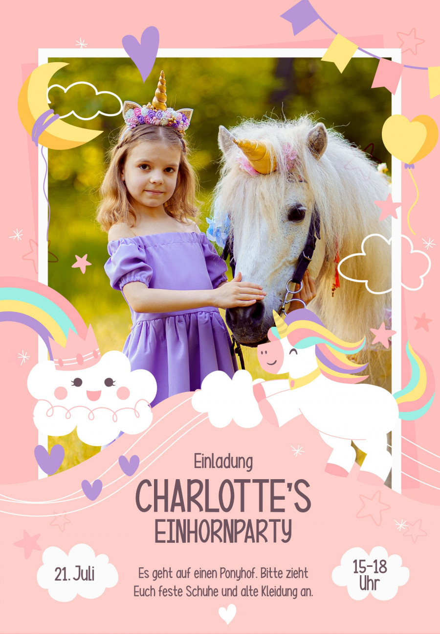 Digitale Einladung mit Foto zum Geburtstag - Karte - Whats App, EMail oder zum ausdrucken - Einhornparty - Einladungskarte - Personalisiert