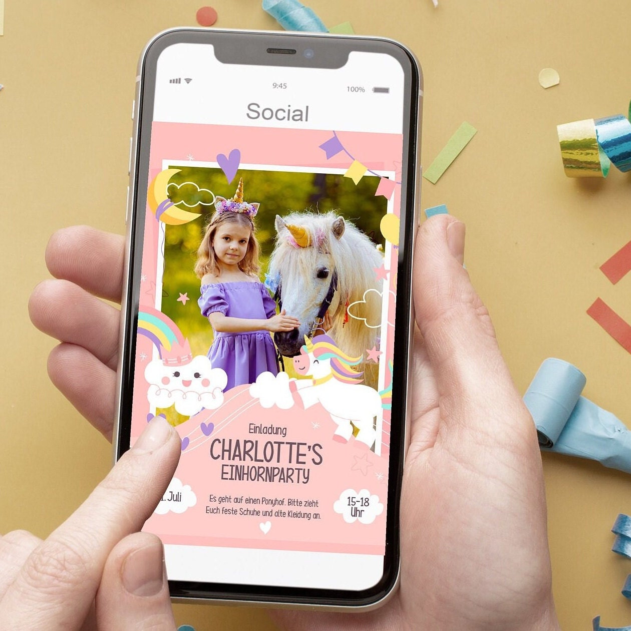 Digitale Einladung mit Foto zum Geburtstag – Karte – Whats App, EMail oder zum ausdrucken – Einhornparty – Einladungskarte – Personalisiert