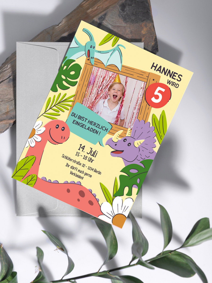 Digitale Einladung mit Foto zum Geburtstag - Karte - Whats App, EMail oder zum ausdrucken - Dinoparty - Einladungskarte - Personalisiert