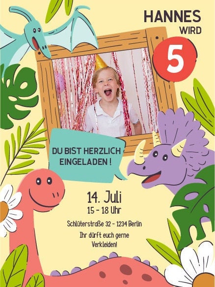 Digitale Einladung mit Foto zum Geburtstag - Karte - Whats App, EMail oder zum ausdrucken - Dinoparty - Einladungskarte - Personalisiert – Bild 3