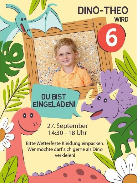 Digitale Einladung mit Foto zum Geburtstag - Karte - Whats App, EMail oder zum ausdrucken - Dinoparty - Einladungskarte - Personalisiert – Bild 2