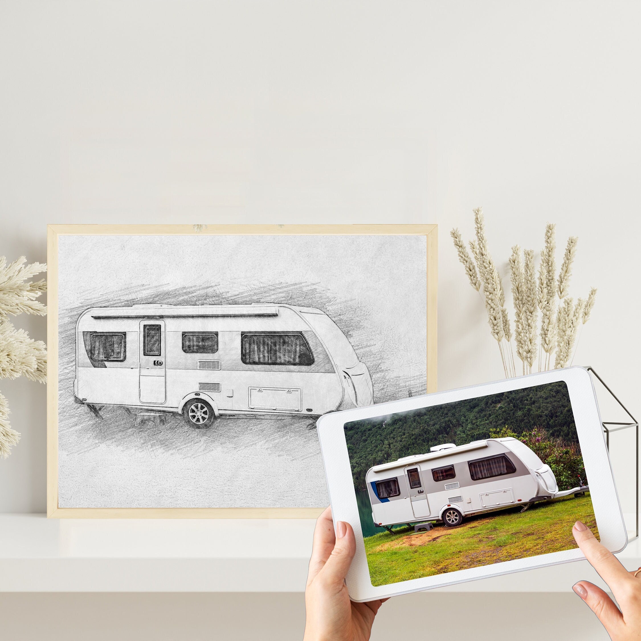 Camper Bleistiftzeichnung | Bleistiftskizze vom Foto | Digitale Skizze | Individuelle Zeichnung | Bulli | Wohnmobil | Wohnwagen | Camping
