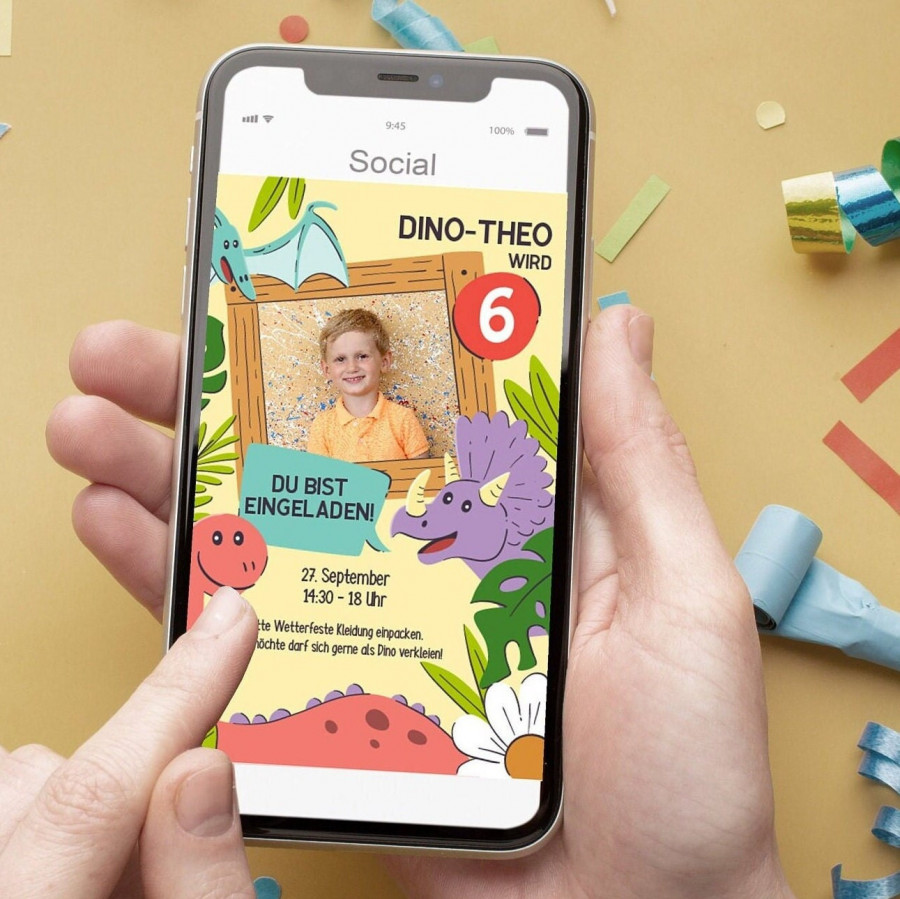 Digitale Einladung mit Foto zum Geburtstag - Karte - Whats App, EMail oder zum ausdrucken - Dinoparty - Einladungskarte - Personalisiert
