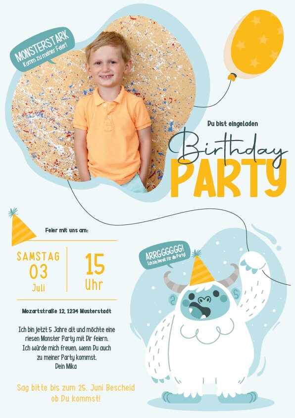 Digitale Einladung mit Foto zum Monster Geburtstag - Karte - Whats App, EMail oder zum ausdrucken - Party - Einladungskarte - Personalisiert – Bild 2