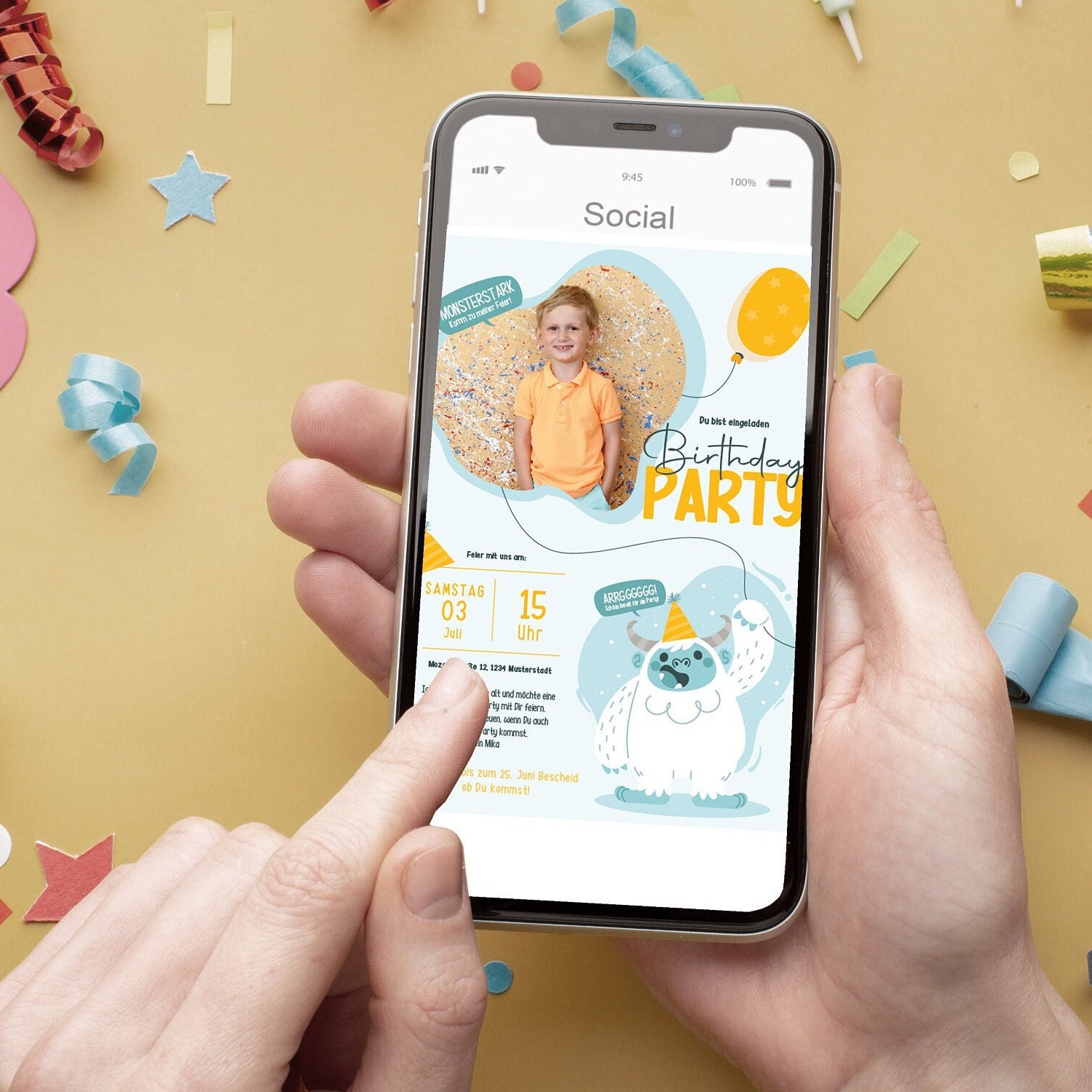Digitale Einladung mit Foto zum Monster Geburtstag – Karte – Whats App, EMail oder zum ausdrucken – Party – Einladungskarte – Personalisiert