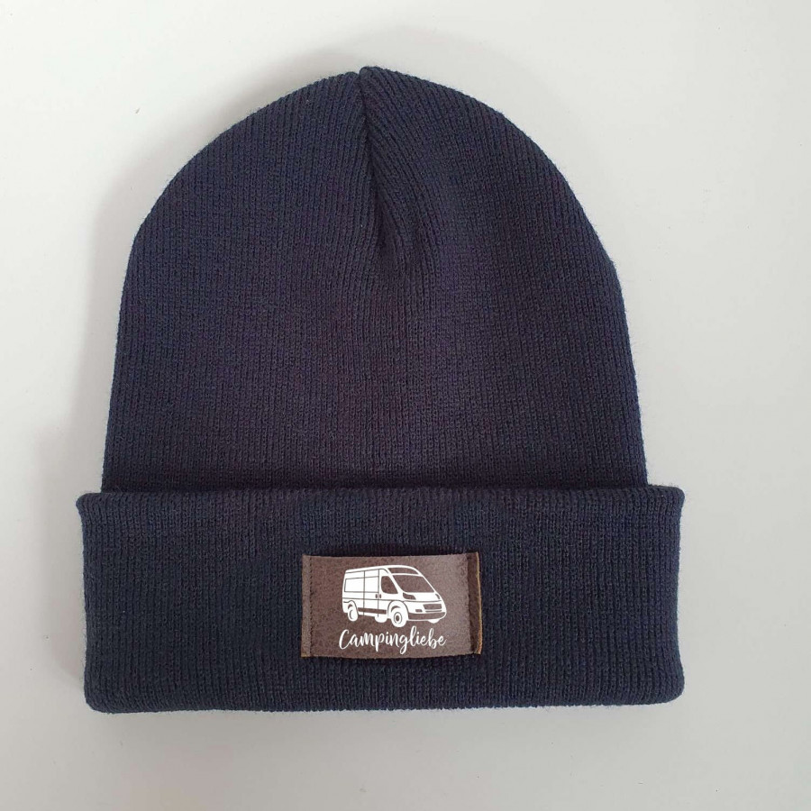 Camping Mütze personalisiert | Hipster Beanie | Mütze | Wintermütze | Blaue Mütze mit Namen | Kinder und/oder Erwachsene | Wohnwagen | Bulli