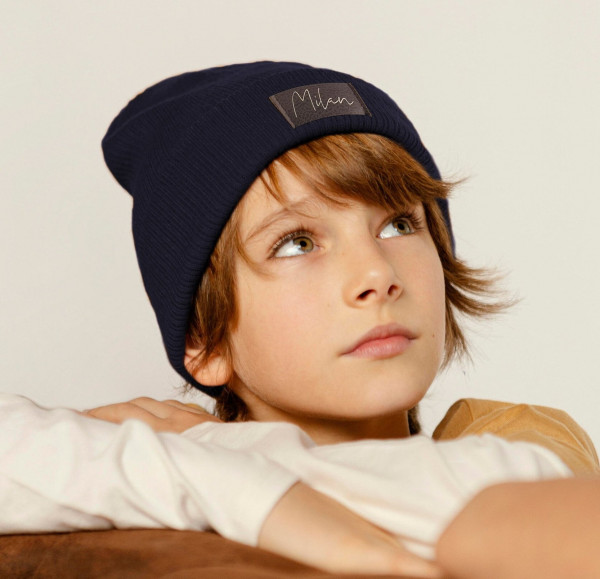 Kinder Mütze personalisiert | Hipster Beanie | Mütze | Wintermütze | Blaue Mütze mit Namen | Herbst – Bild 1