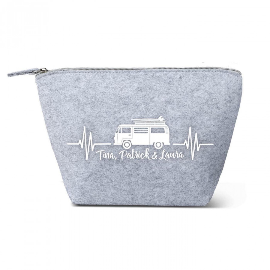 Camper Bulli Kulturtasche aus Filz 19x18x9 | Personalisiert | Kosmetiktasche mit Namen | Campingtasche | Geschenk | Beauty Bag | Camp