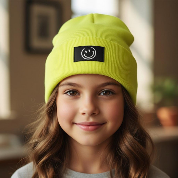 Kinder Mütze Smiley | Hipster Beanie | Mütze | Wintermütze | Neon gelbe Mütze mit Smiley | Winter – Bild 1
