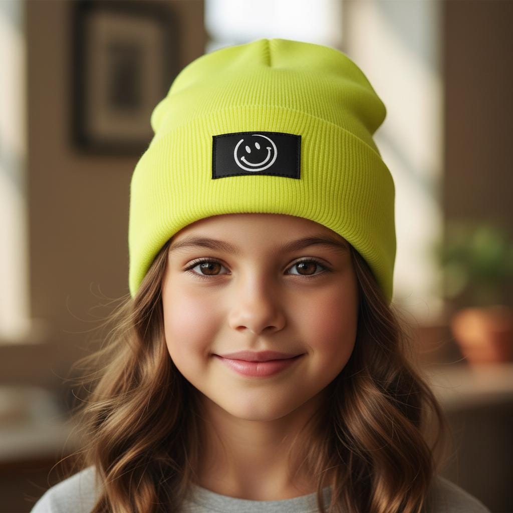 Kinder Mütze Smiley | Hipster Beanie | Mütze | Wintermütze | Neon gelbe Mütze mit Smiley | Winter – Bild 1