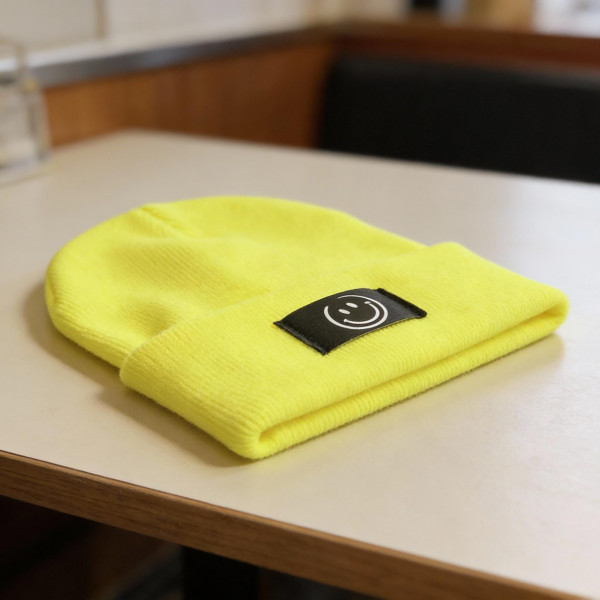 Kinder Mütze Smiley | Hipster Beanie | Mütze | Wintermütze | Neon gelbe Mütze mit Smiley | Winter – Bild 12