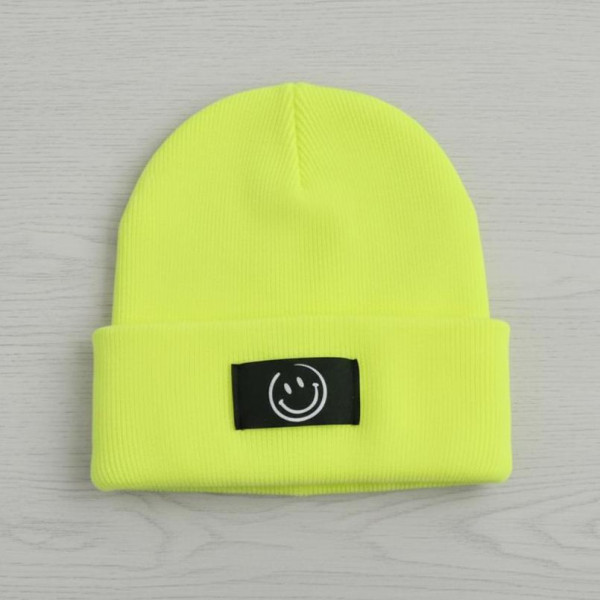 Kinder Mütze Smiley | Hipster Beanie | Mütze | Wintermütze | Neon gelbe Mütze mit Smiley | Winter – Bild 2