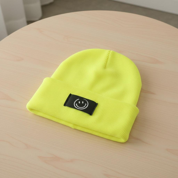 Kinder Mütze Smiley | Hipster Beanie | Mütze | Wintermütze | Neon gelbe Mütze mit Smiley | Winter – Bild 5