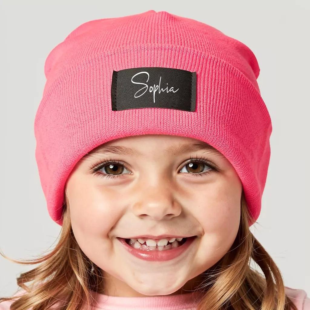 Kinder Mütze personalisiert | Hipster Beanie | Mütze | Wintermütze | Neon pinke Mütze mit Namen | Winter – Bild 6