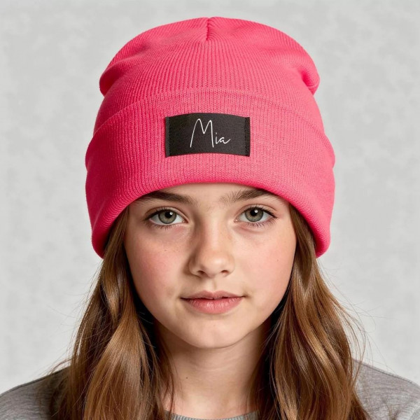 Kinder Mütze personalisiert | Hipster Beanie | Mütze | Wintermütze | Neon pinke Mütze mit Namen | Winter – Bild 4