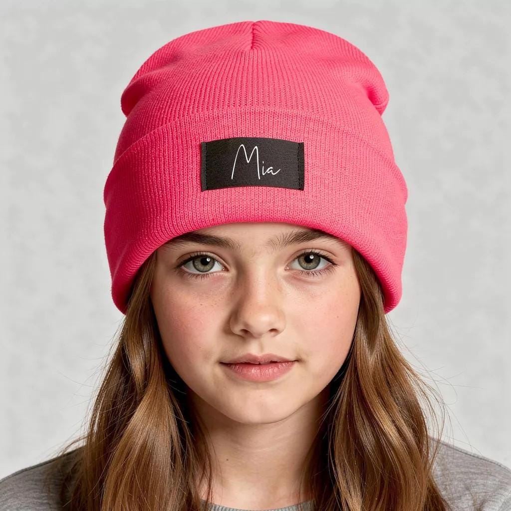 Kinder Mütze personalisiert | Hipster Beanie | Mütze | Wintermütze | Neon pinke Mütze mit Namen | Winter – Bild 4