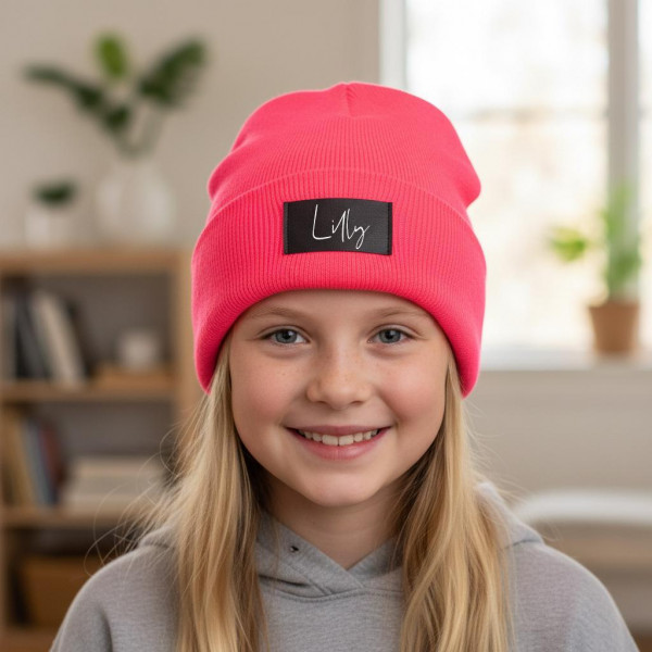 Kinder Mütze personalisiert | Hipster Beanie | Mütze | Wintermütze | Neon pinke Mütze mit Namen | Winter – Bild 1