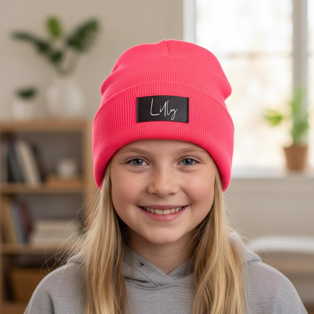 Kinder Mütze personalisiert | Hipster Beanie | Mütze | Wintermütze | Neon pinke Mütze mit Namen | Winter