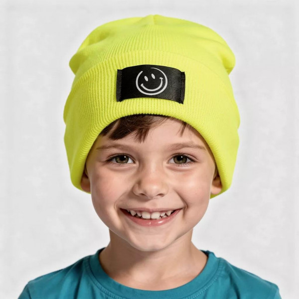 Kinder Mütze Smiley | Hipster Beanie | Mütze | Wintermütze | Neon gelbe Mütze mit Smiley | Winter – Bild 6