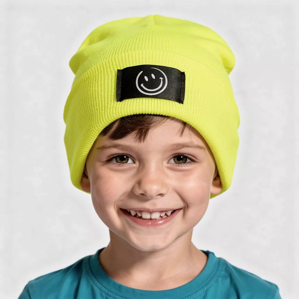Kinder Mütze Smiley | Hipster Beanie | Mütze | Wintermütze | Neon gelbe Mütze mit Smiley | Winter – Bild 6