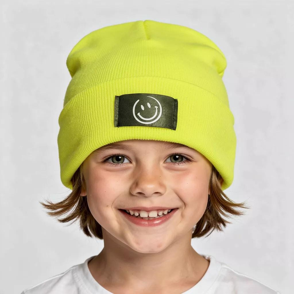 Kinder Mütze Smiley | Hipster Beanie | Mütze | Wintermütze | Neon gelbe Mütze mit Smiley | Winter – Bild 13