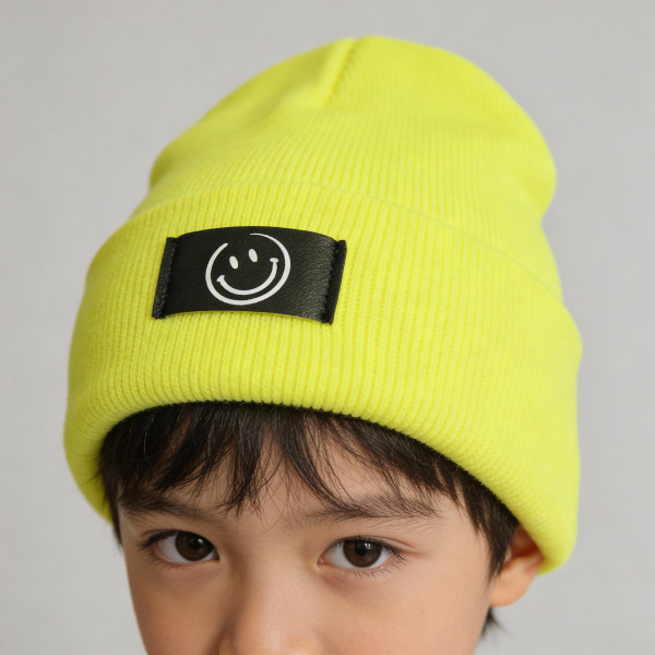 Kinder Mütze Smiley | Hipster Beanie | Mütze | Wintermütze | Neon gelbe Mütze mit Smiley | Winter – Bild 3