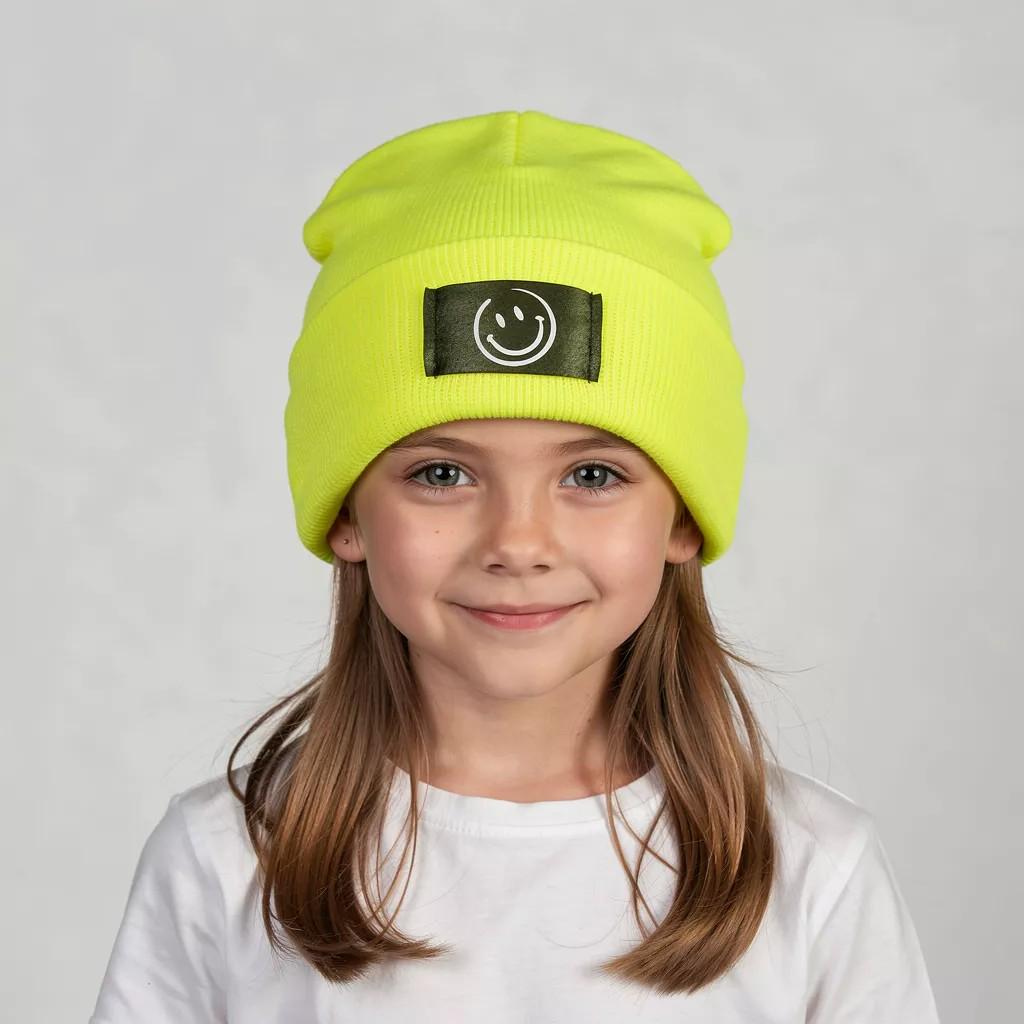 Kinder Mütze Smiley | Hipster Beanie | Mütze | Wintermütze | Neon gelbe Mütze mit Smiley | Winter – Bild 8