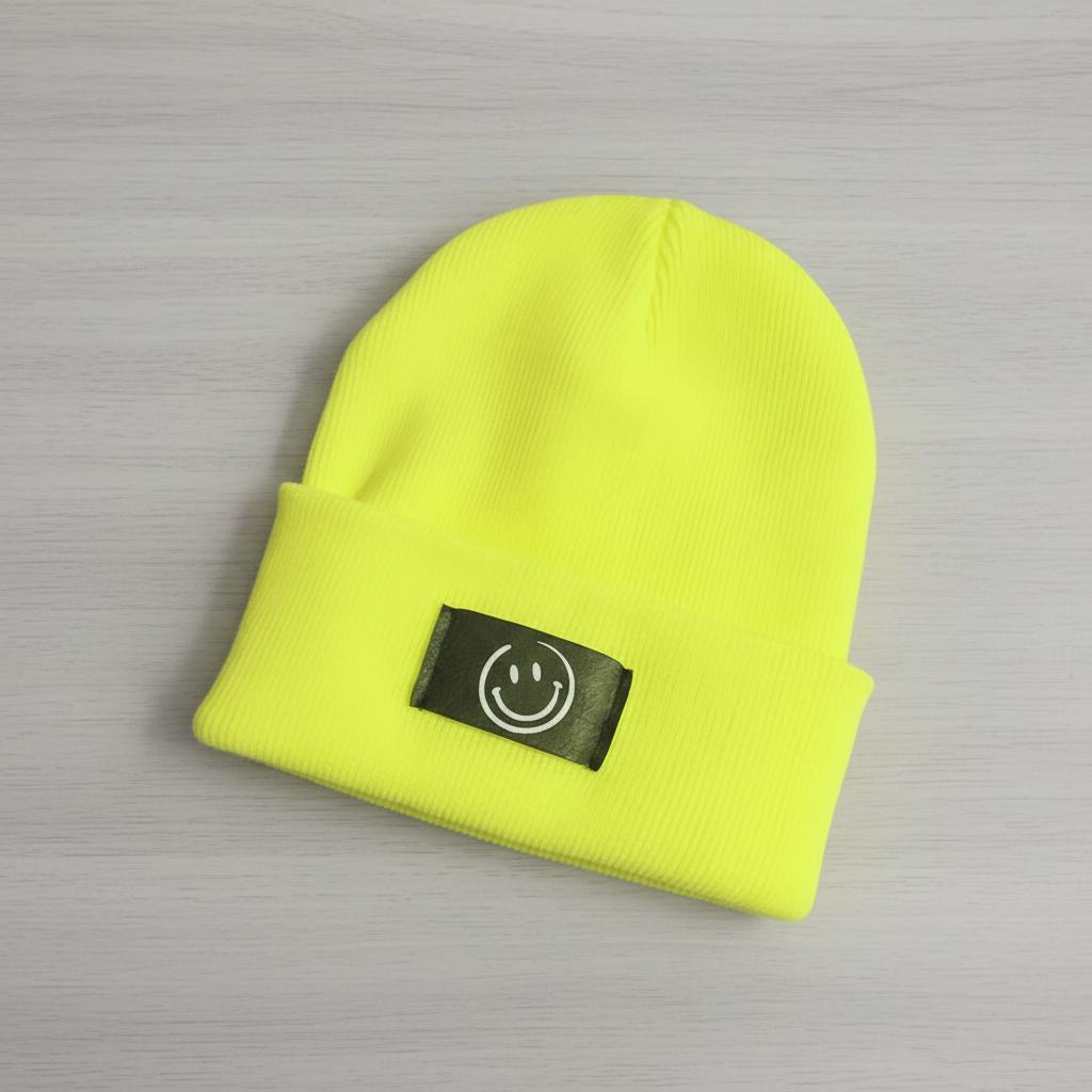 Kinder Mütze Smiley | Hipster Beanie | Mütze | Wintermütze | Neon gelbe Mütze mit Smiley | Winter – Bild 7