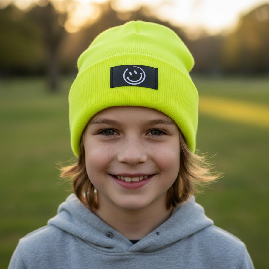 Kinder Mütze Smiley | Hipster Beanie | Mütze | Wintermütze | Neon gelbe Mütze mit Smiley | Winter