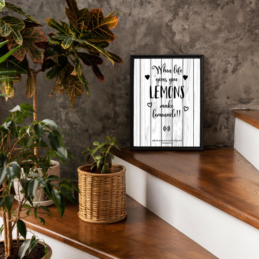 Stilvolles „Make Lemonade“-Poster mit integriertem NFC-Chip. Einfach scannen und dein persönliches, digitales Freundebuch öffnen.