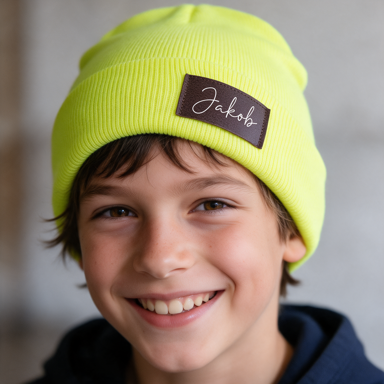 Kinder Mütze personalisiert | Hipster Beanie | Mütze | Wintermütze | Neon gelbe Mütze mit Namen | Herbst – Bild 2