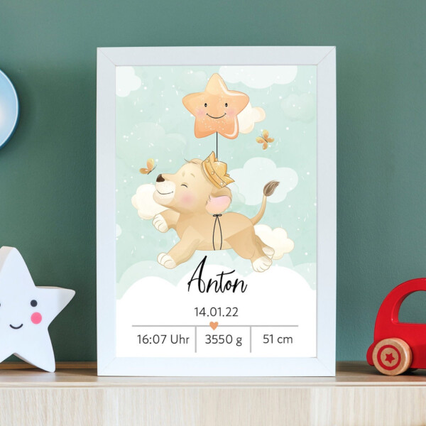 Personalisiertes Löwen Poster | Geburtsdaten | Geburt | Löwe | Geschenk | Baby | Junge | Mädchen | Plakat | Bild | Name | Geschenk – Bild 1