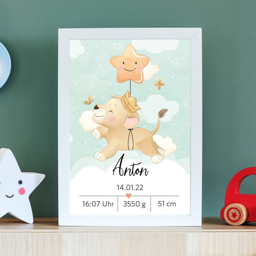 Personalisiertes Löwen Poster | Geburtsdaten | Geburt | Löwe | Geschenk | Baby | Junge | Mädchen | Plakat | Bild | Name | Geschenk