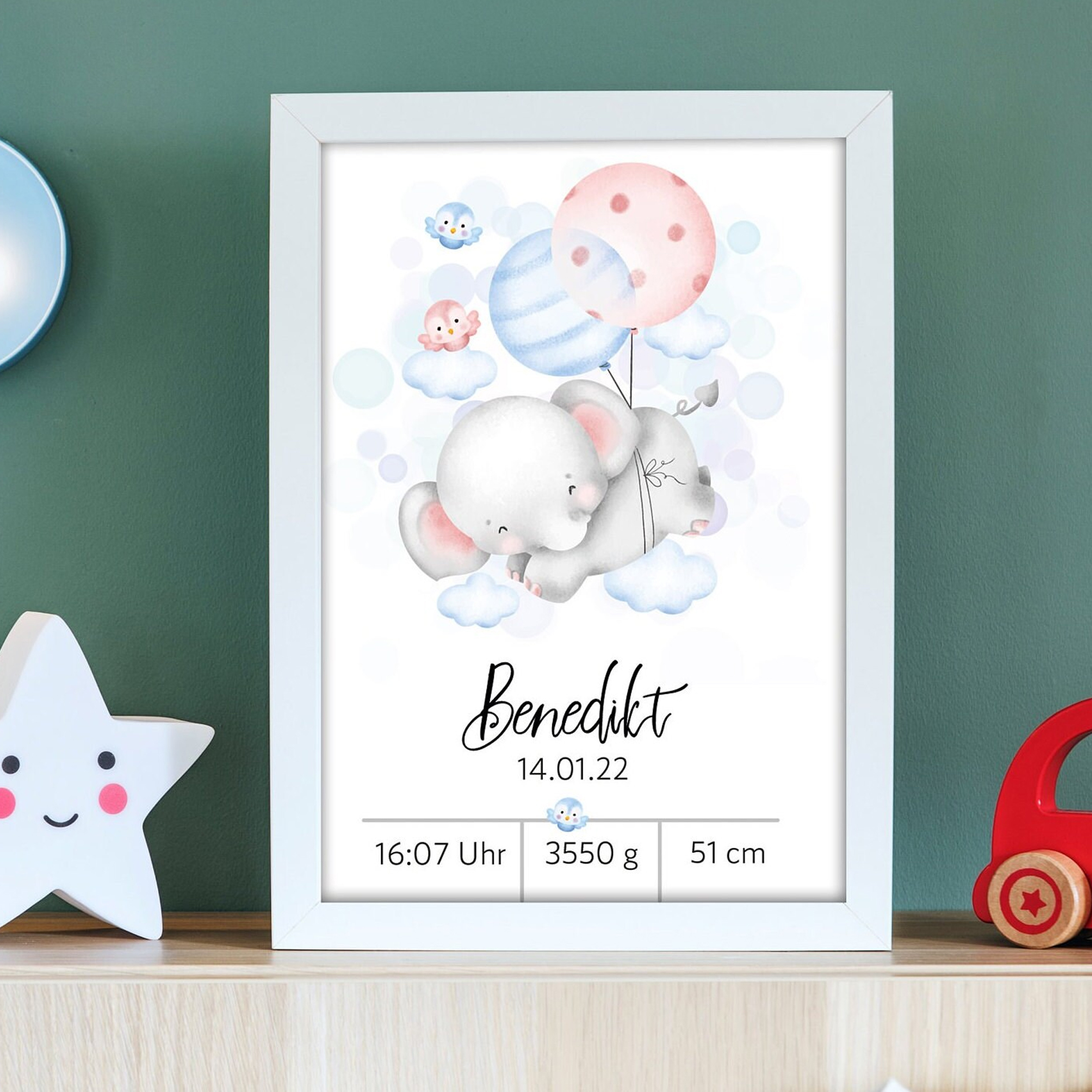 Personalisiertes Poster | Geburtsdaten | Geburt | Elefant | Geschenk | Baby | Junge | Mädchen | Plakat – Bild 1