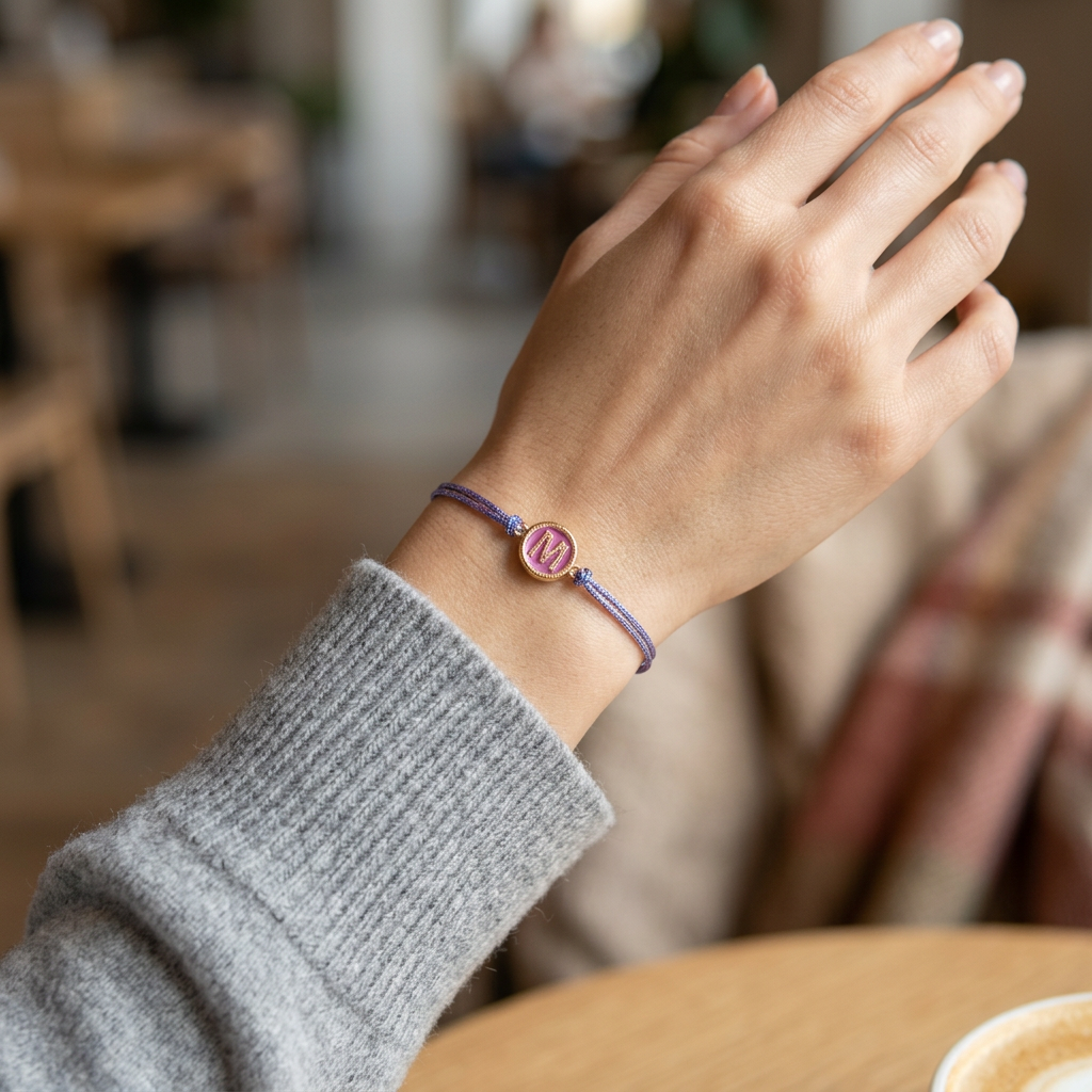 Geflochtenes Macramé Armband mit deinem Wunschbuchstaben. Lila metallic - Personalisiert - in mehreren Farben erhältlich – Bild 9