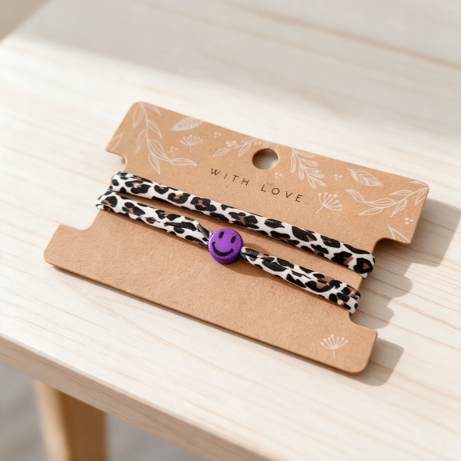 Elastisches Leo Armband mit dem Smiley Anhänger im Ibiza Style - in 7 Farben erhältlich