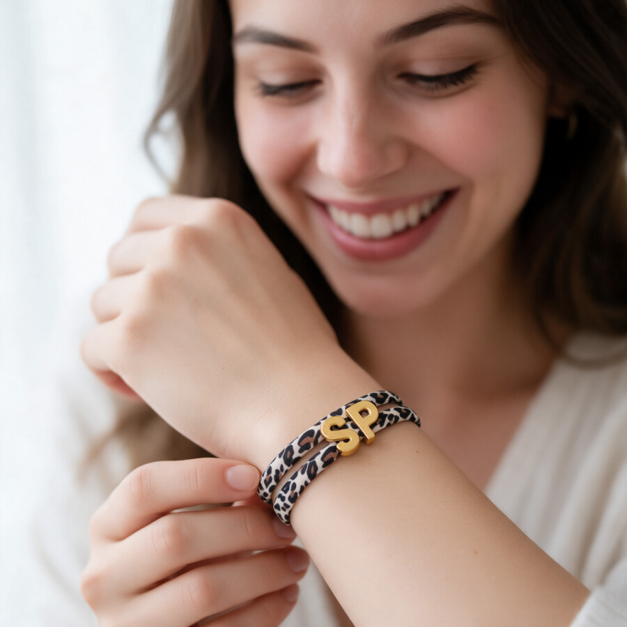 Elastisches Leo Armband mit deinem goldenen Wunschbuchstaben im Ibiza Style.
