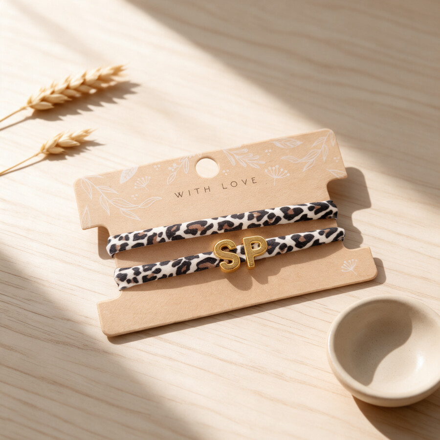 Elastisches Leo Armband mit deinem goldenen Wunschbuchstaben im Ibiza Style.