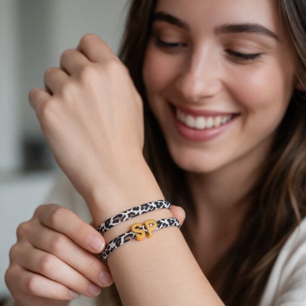 Elastisches Leo Armband mit deinem goldenen Wunschbuchstaben im Ibiza Style. – Bild 5