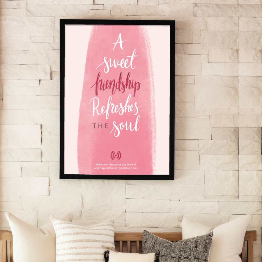 Stilvolles „Friendship“ Poster mit integriertem NFC-Chip. Einfach scannen und dein persönliches, digitales Freundebuch öffnen.